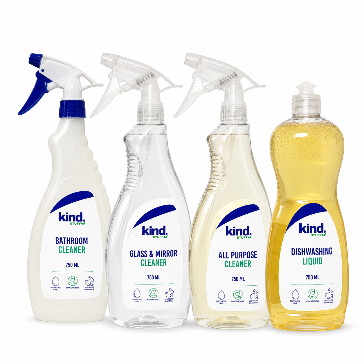 Kind Stuff Kind Essentials bundle: Bathroom Cleaner, Glass and Mirror Cleaner, All Purpose Cleaner, and Dishwashing Liquid, 750ml eco-friendly cleaning products