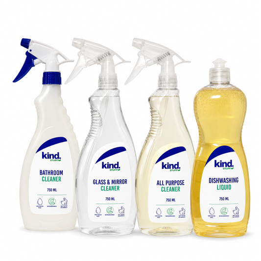 Kind Stuff Kind Essentials bundle: Bathroom Cleaner, Glass and Mirror Cleaner, All Purpose Cleaner, and Dishwashing Liquid, 750ml eco-friendly cleaning products